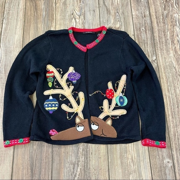 REINDEER Christmas Sweater Small KB Collections Cardigan - Picture 1 of 7